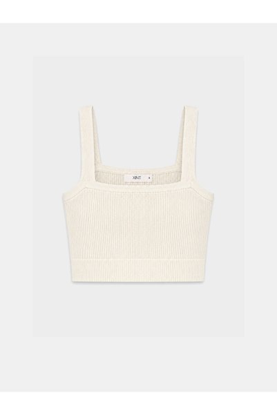 Xint Kadın Ekru Doğal Yün Dokulu Slim Fit Crop
