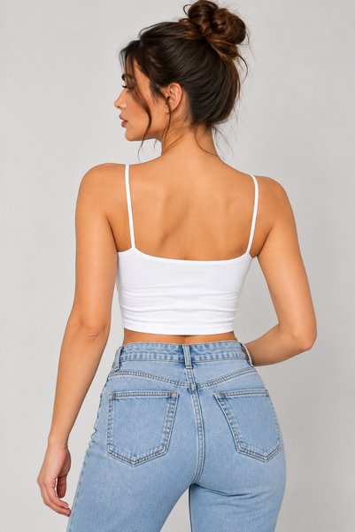 mrm pro Women's White Crop Tank Top with Chest Pads and Rope Straps, Flexible Fit, Embroidered Crop Top Bustier