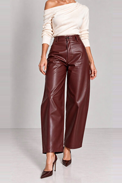 Grenj Fashion Bordo Yüksek Bel Barrel Kesim PU Deri Pantolon