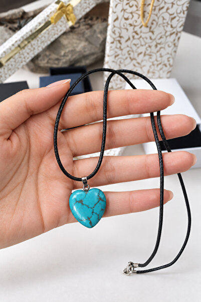 emirOmade Heart-Shaped Turquoise Natural Stone Necklace 50cm Leather Cord 2.1X2.5Cm Turquoise Natural Stone Pendant Gift Necklace