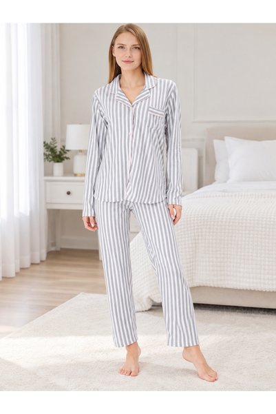 ÇağrıHome Women's 100% Cotton Suede Gray Striped Pink Piping Buttoned Long Sl...