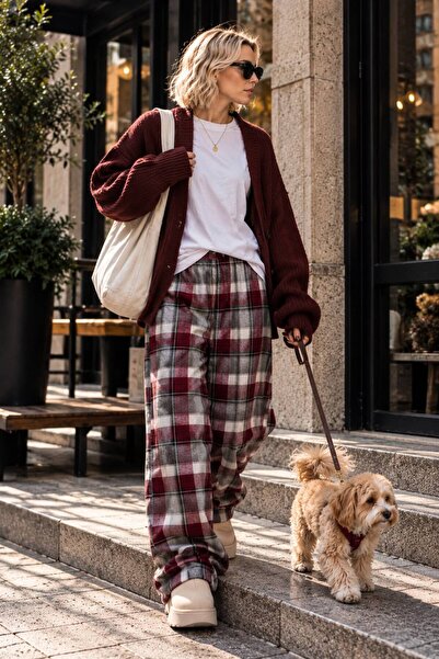 ibeeka Plaid Cotton - Viscose Casual Trousers - Bordo - m - St00455-Bordo-M