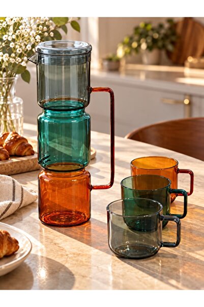 morponi Otantik Desenli Cam Layers Trio Sürahi 1600 ML 3 Adet Bardak Seti