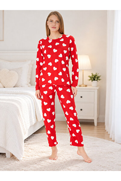 Pajama Shop Women's Cotton Suede Red Heart Pattern Long Sleeve Crew Neck Wint...