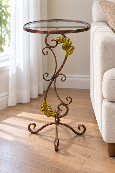Canik Design Yuvarlak Ferforje Yan Sehpa – Eskitme Bronz Renk, Gold Yaprak De...