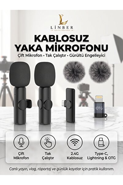 Kablosuz Tüylü Siyah Yaka Mikrofonu Type-C İos Uyumlu 2’li Set Tak Çalıştır
