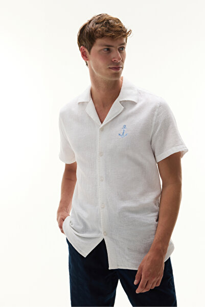Mudo Men's White Embroidered Resort Collar Linen Blend Short Sleeve Shirt