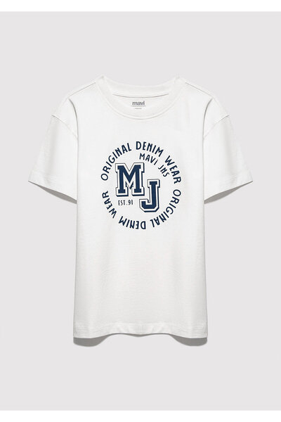 Mavi MJ Logo Baskılı Ekru Tişört Loose Fit / Bol Rahat Kesim 6610395-70057