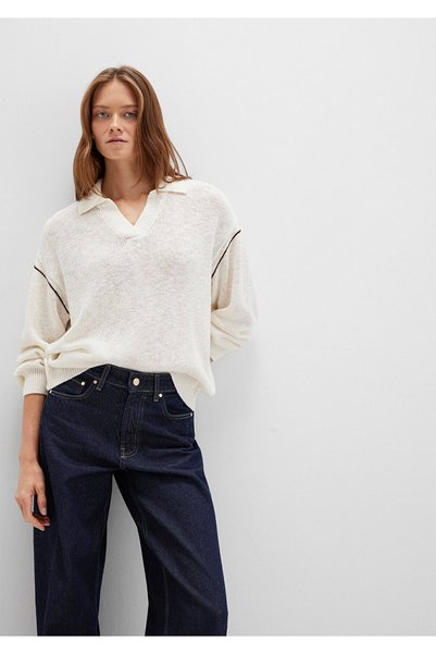 Mavi Linen Blend Sleeve Detailed Beige Knitwear Polo 1710834-91338