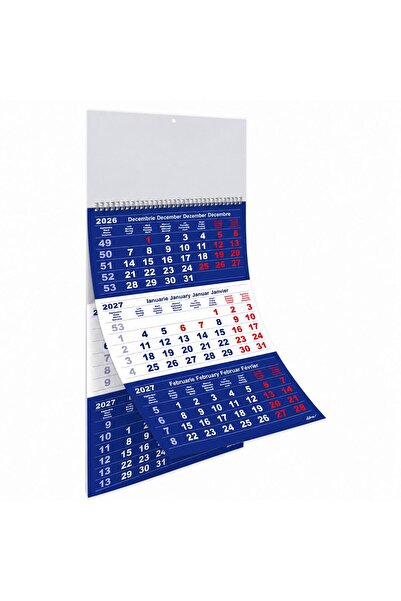 Libra Calendar Triptic A3 2027 12 File Hârtie Lucioasă Albastru și Roșu