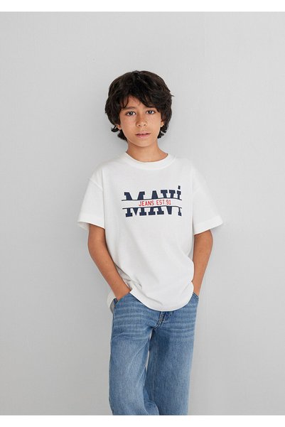 Mavi Logo Printed Ecru T-Shirt Loose Fit / Relaxed Fit 6610397-70057