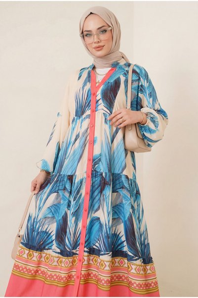 Generic Brand Elastic Sleeves, High Collar, Half Buttoned, Floral, Comfortable Fit, Viscose Dress - Indigo