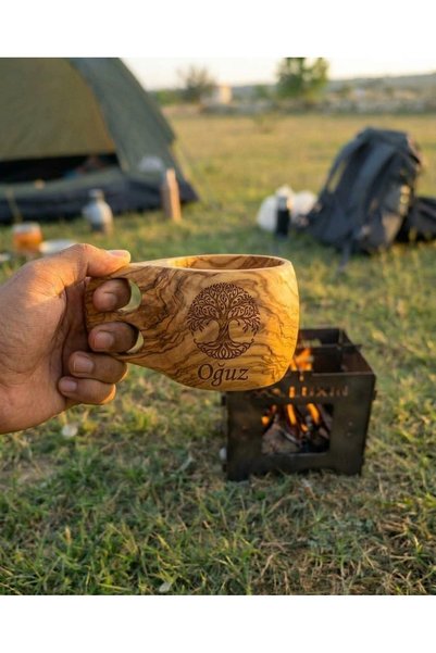 LuxinOutdoor Kişiye Özel Kuksa Bardak Doğal Zeytin Ağacı - Desen ve İsim Seçe...