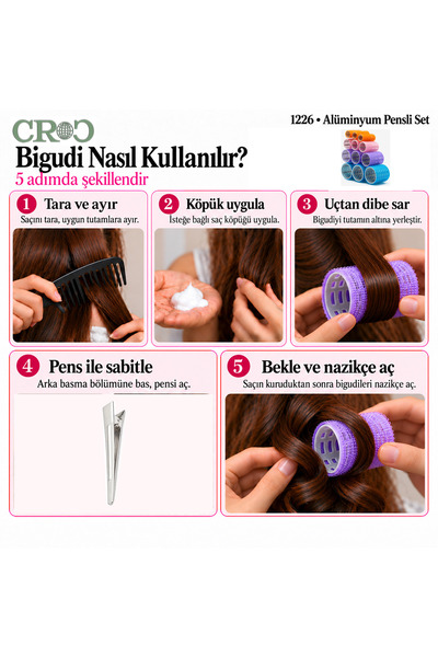Croc 1226 Bigudi Seti 12 Adet Cırtlı Saç Bigudisi (+25Li Saç Pensi)