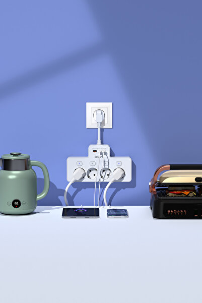 S-LINK PRZ08 Beyaz 4 Soketli 15cm 1 USB 2 Type-C PD20W Tam Bakır Kablolu Akım Korumalı Priz