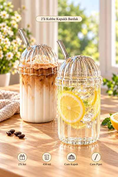 Tilbe Home 2'li Kübbe Kapaklı Pipetli Bardak Isıya Dayanıklı EggGlass İskandi...