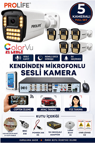 PROLİFE 5 Li Sesli Güvenlik Kamerası 5 Mp Gece Renkli Yüz Ve Araç Tanımalı Fu...