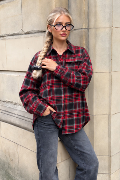 Seeh Κόκκινο Oversize Καρό Γυναικείο Πουκάμισο SH334