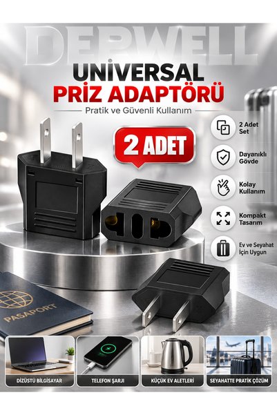 Derwell 2 Adet Türk Fişi Amerikan Tip Fiş Çevirici Seyahat Adaptörü 2 Pinli Düz Plug Travel Adapter Fiş Priz