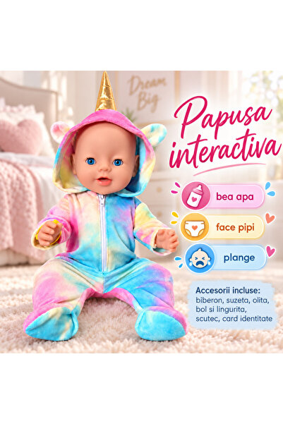 PROCART Păpușă interactivă, 45 cm, ochi mobili, urinează, plânge cu lacrimi, ...
