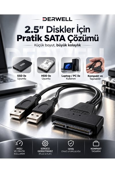 Derwell Yeni 2026 Çift Usb 2.0 Sata 22 Pin 2.5 Inç Sabit Disk Hdd Adaptörü Dönüştürücü Seri Ssd Kablosu