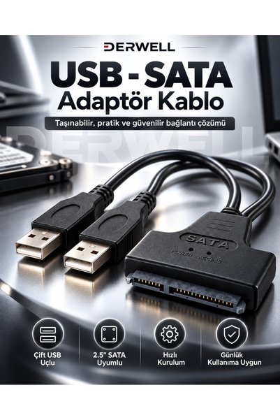 Derwell Yeni 2026 Çift Usb 2.0 Sata 22 Pin 2.5 Inç Sabit Disk Hdd Adaptörü Dönüştürücü Seri Ssd Kablosu