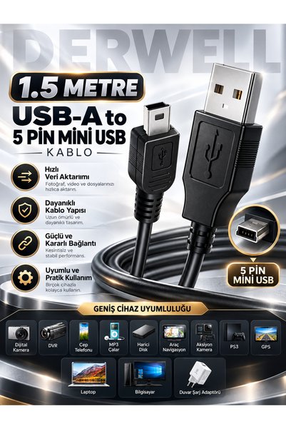 Derwell 1.5 Metre 1.5mt USB 2.0 Tip A Erkek 5Pin Mini Usb Veri Şarj Kablosu H...