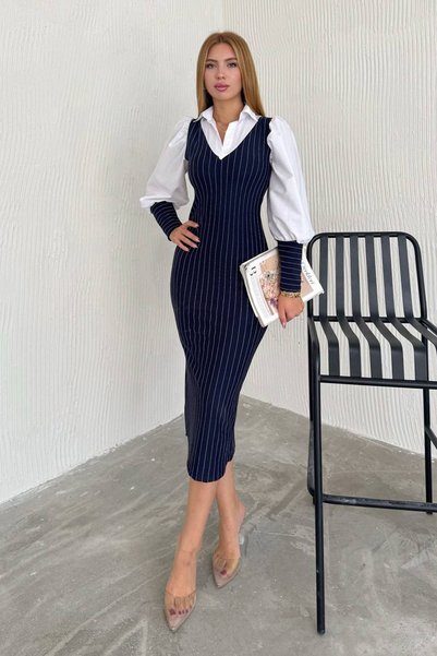Neşeli Butik ženska prugasta košulja, detaljna lycra haljina u obliku olovke ...