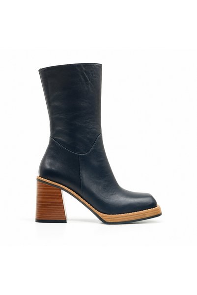 Folle Navy Blue Genuine Leather Thick Heeled Square Toe Women's Boots – 8 cm Heels
