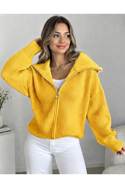 FLEX FASHION γυναικεία ελαστική πλεκτή ζακέτα με φερμουάρ και αναδιπλούμενο γ...
