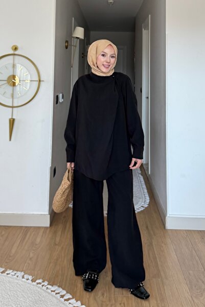 İmajButik Black Collar Detailed Tunic and Trousers Modal Set