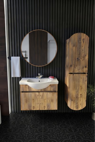 Septemius Erciyes 65 cm MDF Banyo Dolabı Seramik Lavabolu Oval Aynalı Havlu D...