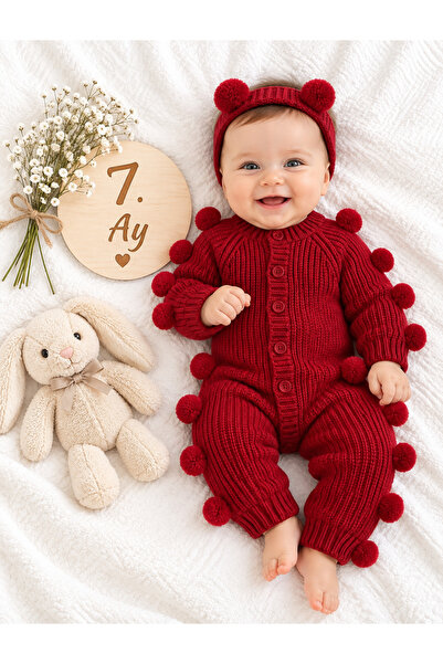PonçiKids Kız Bebek Triko Örgü Tulum | Ponpon Detaylı Bebek Tulum