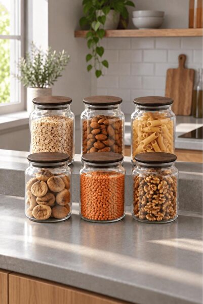 Atbyhome Nero Zone Bambu Kapaklı Cam Saklama Kabı 800 ml 6'lı - Vakumlu Kiler Bakliyat Kavanoz Seti