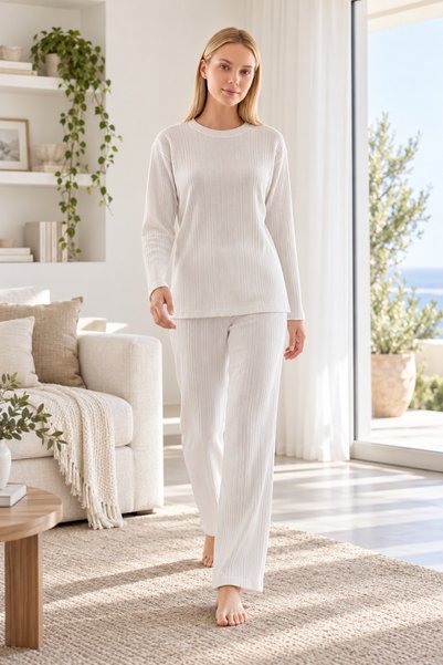 DOWRY Women's Winter Camisole Homewear Suit Crew Neck Long Sleeve Stripe Text...