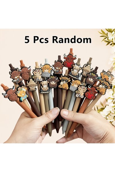 Choice 5 pcs random 5/10/20Cute Highland Cow Print Pen Black Ink Retractable ...