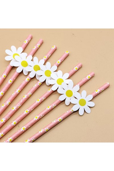 choice2 20pcs Pink 20pcs Daisy Flower Paper Straws Disposable Drinking Straw ...