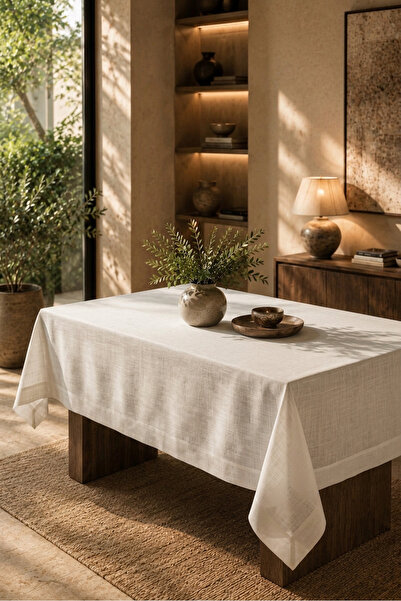 desenizmir Gardenya Fabric, Linen Look, Seamless Cream Tablecloth