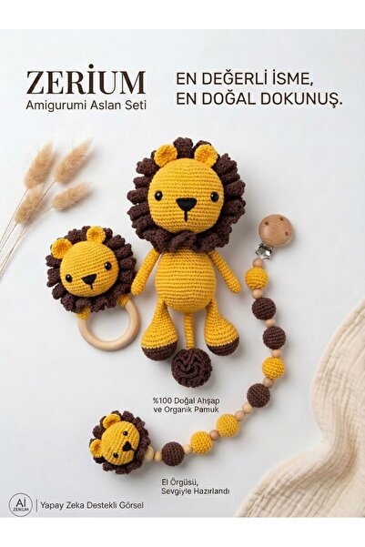 ZERİUM Amigurumi Aslan Seti %100 Doğal Ahşap ve Organik Pamuk Bebek Hediye Se...