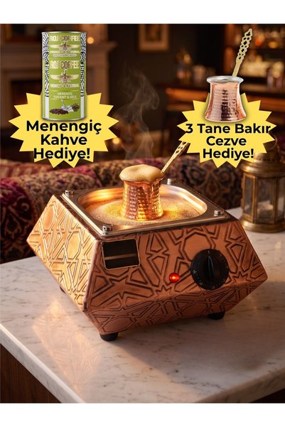 AiroBazar Lüks Bakır İşlemeli Kumda Kahve Makinesi - Ev ve Kafe Tipi Elektrikli Otantik Türk Kahvesi Isıtıcısı