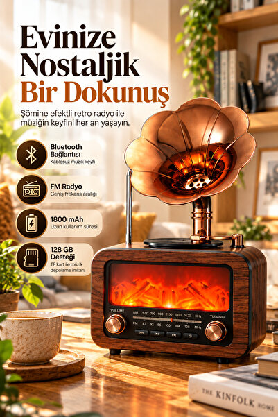 Happy Owl Retro Gramofon Tasarımlı Bluetooth Hoparlör – Radyo, Dekoratif Şömi...