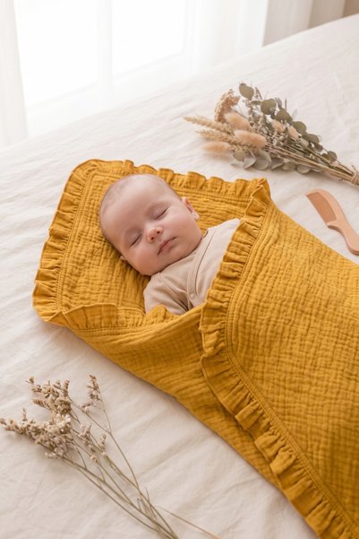 HEİANMONO Mustard Color 4 Layer Muslin Ruffle Baby Blanket (100X100)