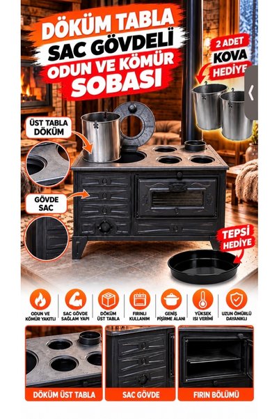 Genel Markalar Kuzine Kovalı Soba – Fırınlı, Ocaklı, Geniş Pişirme Yüzeyli Od...