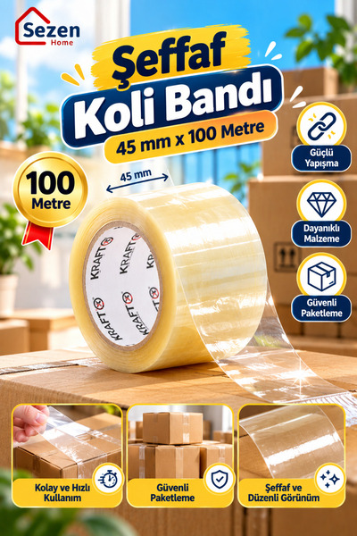 SEZEN HOME Şeffaf Koli Bandı 45 Mm X 100 Mt Yapışkanlı Kopmayan Bant Güçlü Ba...