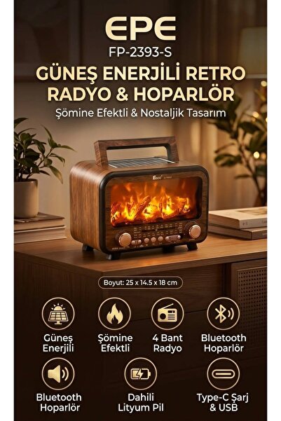 EPE Şömine Görünümlü Nostaljik Radyo Güneş Panelli Bluetooth USB Büyük Boy
