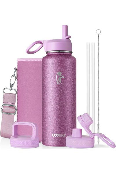 Coolflask زجاجة ماء معزولة بثلاثة أغطية، سعة 1.2 لتر، باللون الأبيض