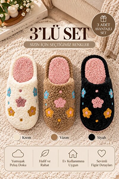 Beyond Women's 3-Piece Cream Mink Black Flower Embroidered Furry 3 cm House S...