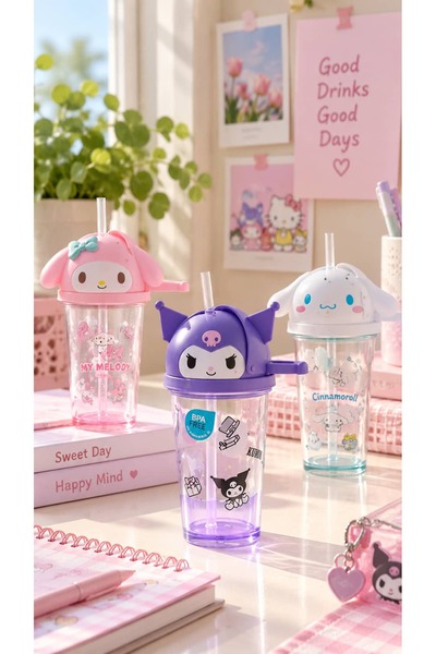 SANRIO Lisanslı Hello Kitty ve Arkadaşları Pipetli Plastik Matara 320 mL – (T...