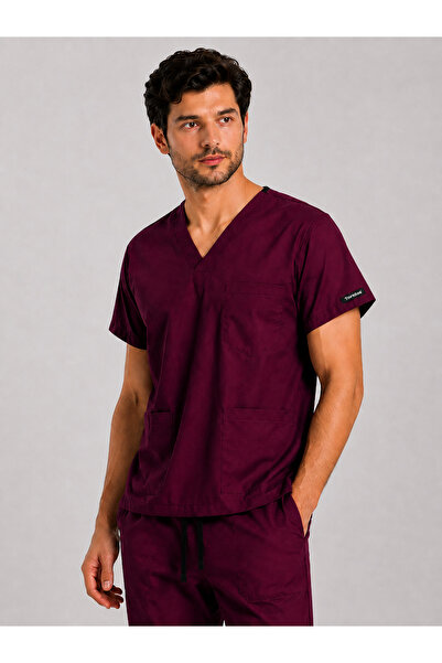 Toridas Bluză medicală unisex, guler în V, bordeaux, cu 3 buzunare - Uniformă...