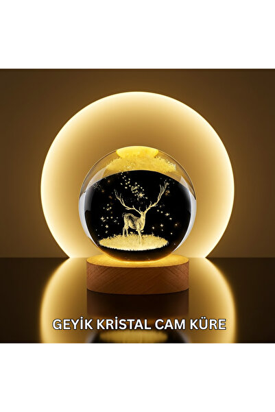 Doğal Ahşap Standlı Geyik Figürlü Kristal Küre LED Dekoratif Lamba AKL48JD5